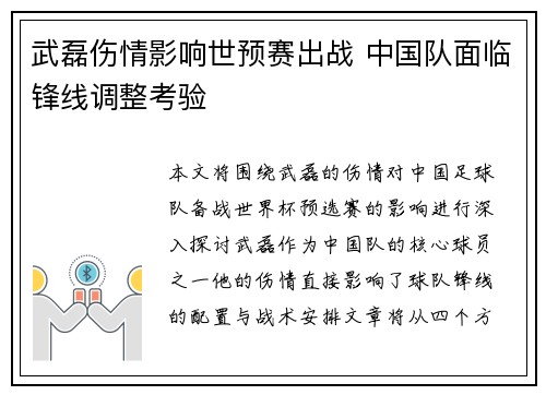 武磊伤情影响世预赛出战 中国队面临锋线调整考验